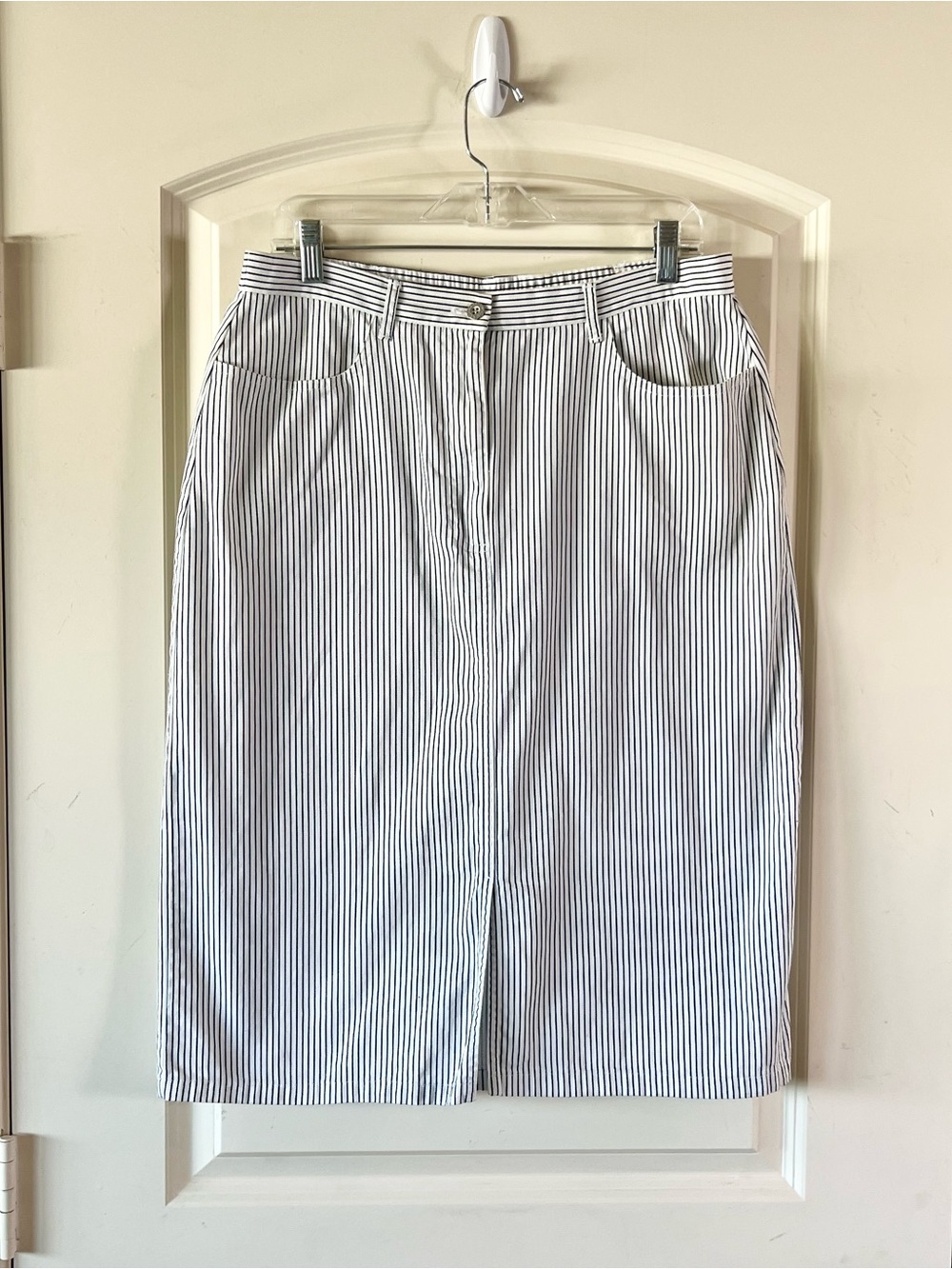 Vintage Russ White Navy Striped Midi Skirt Slit Front Size 14 Pockets
